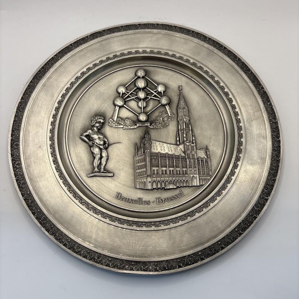 Vtg Mid Century Belgium Brussels Pewter Souvenir Wall Relief Plate Decor 9.25"